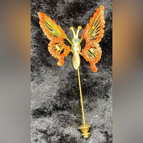 Gold Tone Butterfly Hat Or Stick Pin Orange Sparkle Light Blue Rhinestone Eyes - Picture 1 of 4